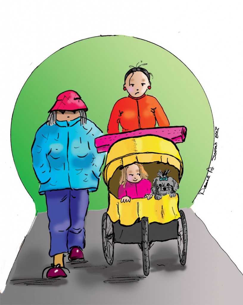 A family with a jogging stroller. Une famille avec une poussette de jogging